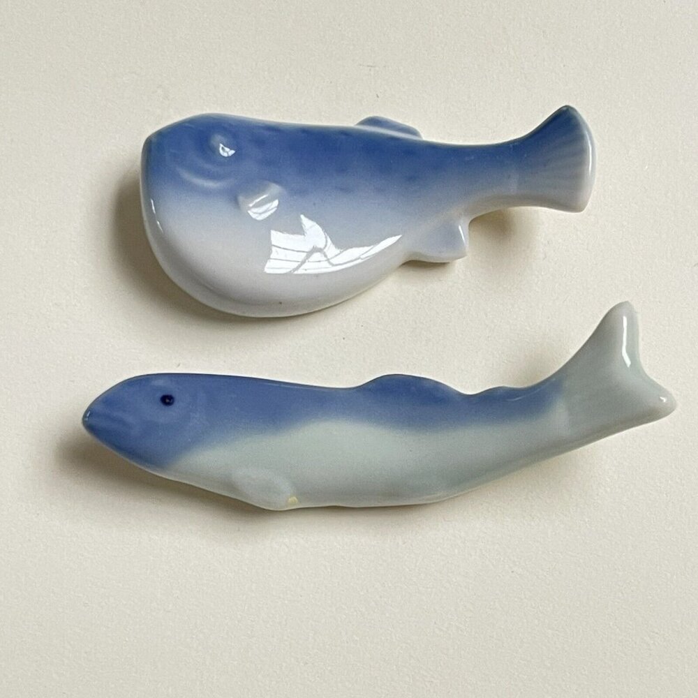 Blue Ceramic Fish Mini Figurines Chopstick Rest Blue White Decor Beach